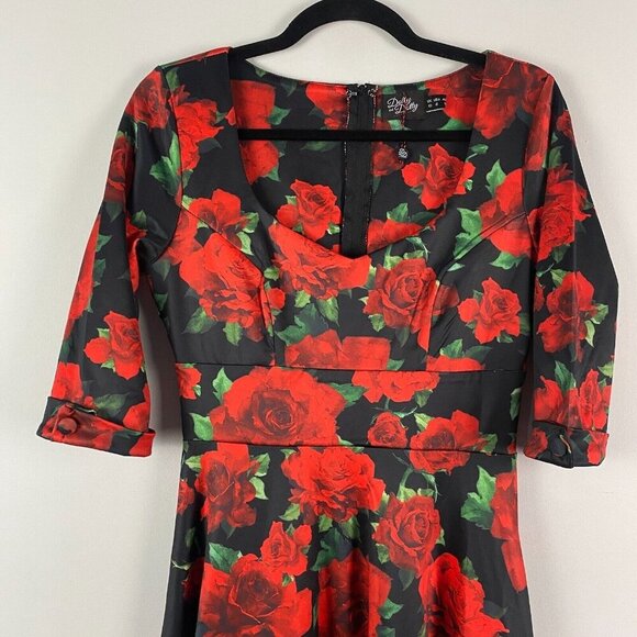 Dolly & Dotty Fit & Flare Midi Dress Size 6 Red Floral Half Sleeve Retro Pinup - Picture 2 of 11